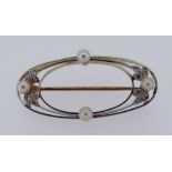 SEED PEARL & DIAMOND BAR BROOCH in yellow metal setting of oval design, in Crouch of Swansea box,