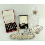 SMALL GROUP OF COLLECTABLE SILVER including modern silver mounted whisky decanter and stopper,