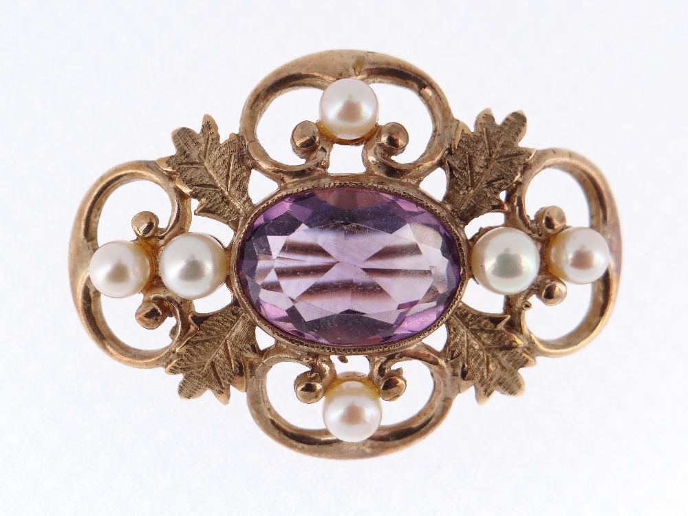 9CT GOLD AMETHYST & PEARL BAR BROOCH of foliate and scroll design, in Crouch of Swansea box, 8gms