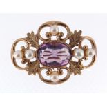 9CT GOLD AMETHYST & PEARL BAR BROOCH of foliate and scroll design, in Crouch of Swansea box, 8gms