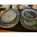 ASSORTED STAFFORDSHIRE BLUE & WHITE PRINTED POTTERY including willow pattern cake stand