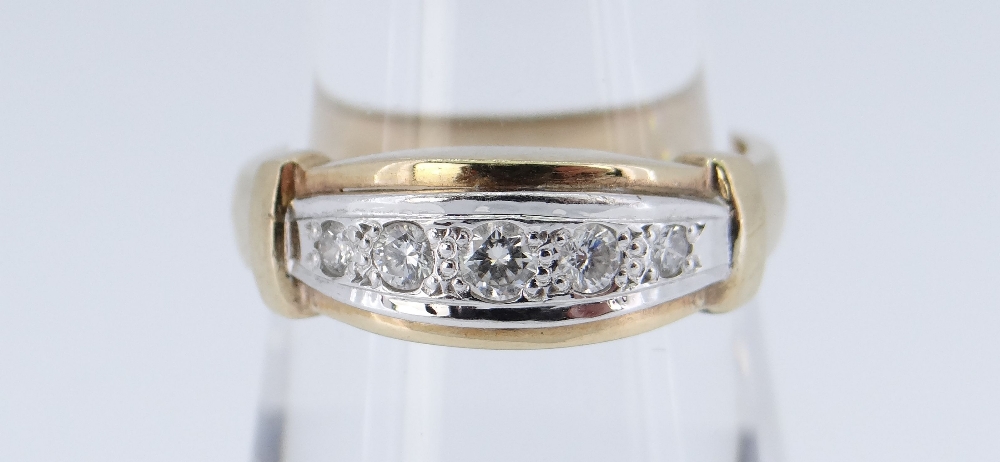 9CT GOLD FIVE STONE DIAMOND RING of graduating design, size O, 4.1gms in box