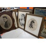 ASSORTED VICTORIAN PICTURES & PRINTS including two Berlin woolwork pictures depicting Ruth at the