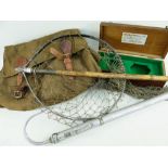 HARDY & OTHER FISHING ACCESSORIES, including a bamboo landing net (string net broken), salmon