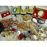 TWO BAGS OF ASSORTED JEWELLERY comprising two pairs of cameo earrings one stamped 9ct, silver set