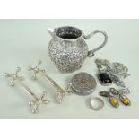 ASSORTED SILVER & JEWELLERY comprising Indian silver jug with serpent handle, white metal filigree