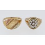 TWO 9CT GOLD RINGS, one a dress ring set with semi-precious stones, size R / S, together with a