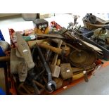 LARGE COLLECTION OF WOOD & METAL DOMESTIC UTENSILS including copper frying pans, wooden mallets,
