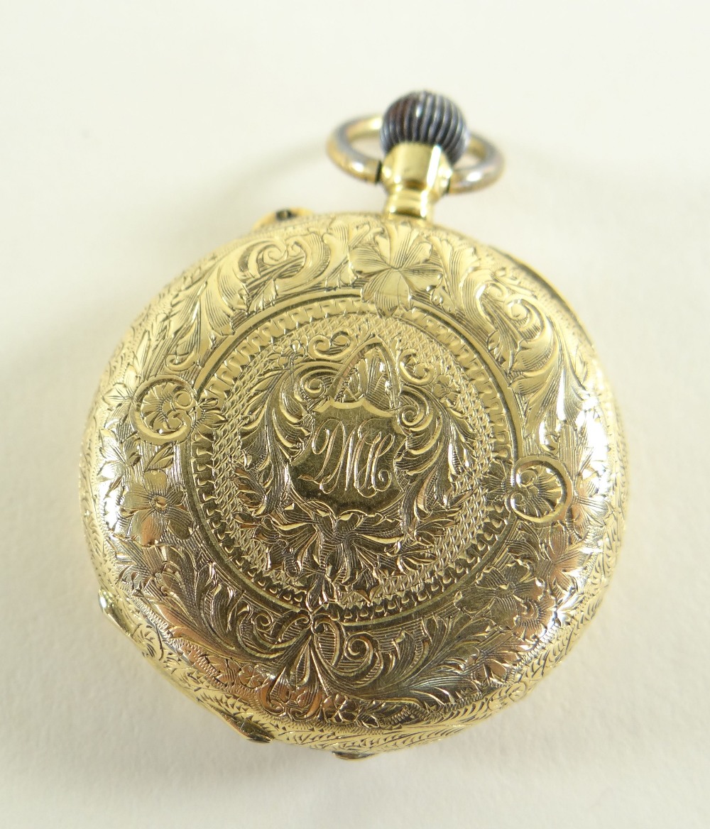 18K GOLD FANCY FOB WATCH, Swiss made with enamel face and Roman numeral chapter ring, 27.5gms - Image 2 of 3