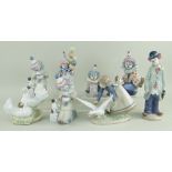 ASSORTED LLADRO FIGURINES including six clowns, goose girl and a Spanish figurine of doves (8)