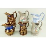 GROUP OF 19TH CENTURY POTTERY JUGS, including blue sprigged jug (with P.E. Morris Collection no.35