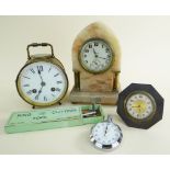 ASSORTED CLOCKS to include silver octagonal '8 Jours' clock, marble 8 day mantel clock, brass drum