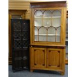 LATE 19TH CENTURY PALE OAK & MAHOGANY CROSS BANDED STANDING CORNER CABINET astragal glazed