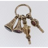 FOUR VICTORIAN LADIES GOLD PLATED FOB SEALS & WATCH KEYS, the former set with amethyst lily-of-the-