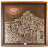 PETER NUTTALL ink and watercolour, fantastical walled hilltop town with bridges, viaducts, signed