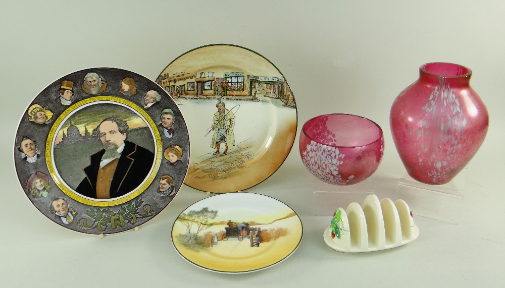 THREE DOULTON SERIES WARE PRINTED PLATES including Charles Dickens, two red glass vases and a