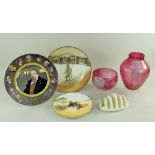 THREE DOULTON SERIES WARE PRINTED PLATES including Charles Dickens, two red glass vases and a