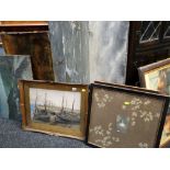 ASSORTED PICTURES & PRINTS including watercolour of beached fishing boats behind a harbour wall