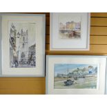 W. DES HAWKINS three watercolours - Church Street, Cardiff: Tenby Harbour: Honfleur Harbour, signed,