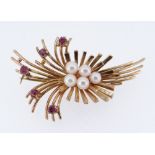 9CT GOLD FLORAL BAR BROOCH set with rubies and pearls, 5.9gms in Crouch of Swansea box