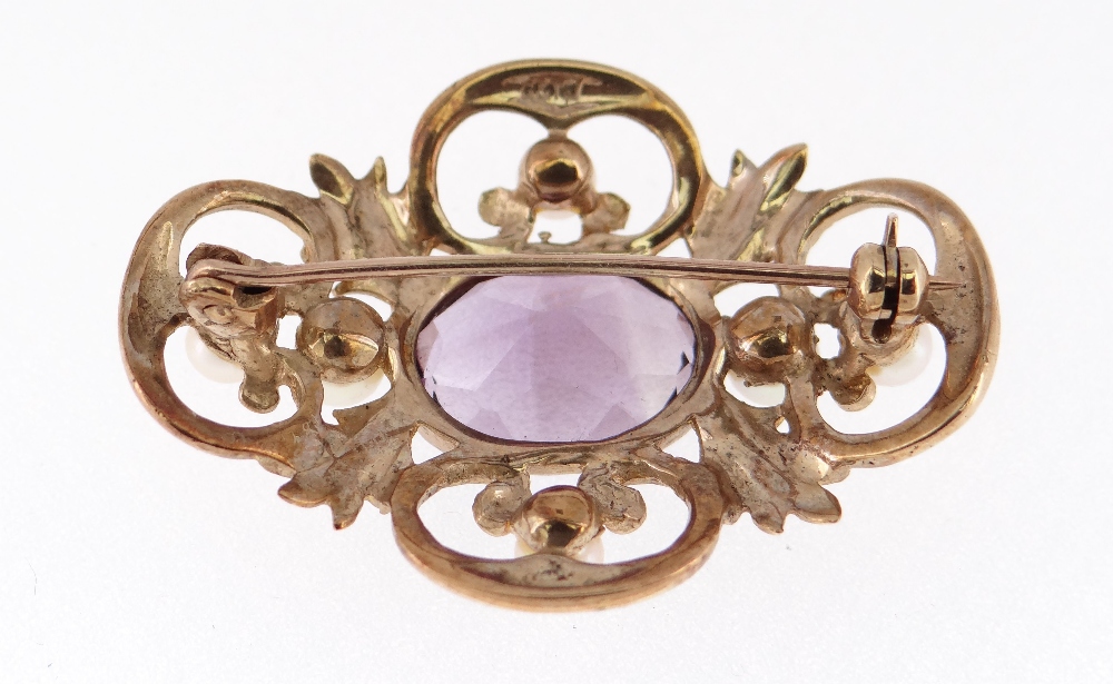 9CT GOLD AMETHYST & PEARL BAR BROOCH of foliate and scroll design, in Crouch of Swansea box, 8gms - Image 2 of 3