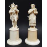 TWO 19TH CENTURY FRENCH IVORY CARVINGS, PROBABLY DIEP, of bag piper and tambourine girl on