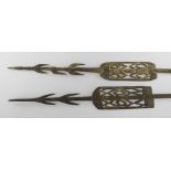 TWO ASMAT SPEARS, Irian Jaya, Indonesian New Guinea, with feather and seed embellishments, 224cms