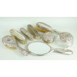 ASSORTED SILVER DRESSING TABLE SETS to include brushes, glass jar, ring box and vanity mirror, mixed