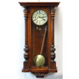 VIENNA-TYPE WALNUT WALL CLOCK, with two part enamel dial with Roman numerals and subsidiary seconds,