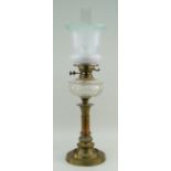 VICTORIAN BRASS & CUT GLASS OIL LAMP with later frosted glass shade