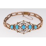 9CT GOLD LADIES BRACELET of pierced scroll design set with turquoise and seed pearls, 15.4gms