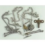 ASSORTED SILVER & WHITE METAL POCKET WATCH CHAINS and clock winder