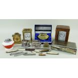 GROUP OF CLOCKS & SMOKING ACCESSORIES, comprising two gilt brass five-glass carriage clock, one with