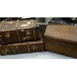 THREE VINTAGE TRUNKS, including painted metal trunk, two wood and metal-bound stiffened canvas