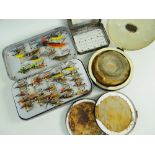 FOUR VINTAGE FLY TINS, including Hardy fly box with 60 salmon flies (internal leaf hinge damaged,