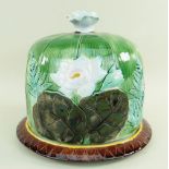 LATE VICTORIAN JOSEPH HOLDCROFT MAJOLICA CHEESE DISH & COVER, moulded with flowering lily and