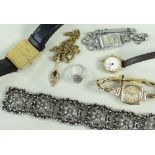 ASSORTED JEWELLERY to include yellow metal pendant on chain, wristwatches, marcasite ring, bracelet