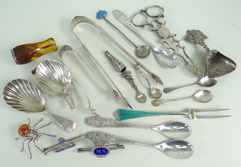 COLLECTION OF SILVER & PLATED COLLECTIBLES, including George III silver sugar tongs by Henry