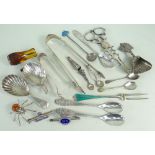 COLLECTION OF SILVER & PLATED COLLECTIBLES, including George III silver sugar tongs by Henry