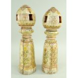 PAIR OF VICTORIAN INDIAN CARVED IVORY CHARPOY LEGS, later decorated in the Mughal style with flowers