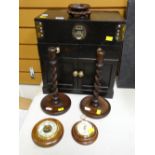 CHINESE SMALL TABLE CABINET, pair of oak candlesticks, two barometers, wooden stand (7)