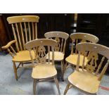 20TH CENTURY VICTORIAN-STYLE WINDSOR CHAIRS, comprising set of four 'kitchen' chairs and a lathe