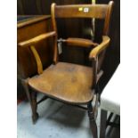 MID 19TH CENTURY FRUITWOOD & ELM SCROLLBACK ARMCHAIR, tablet and urn turned crossbar, saddle seat,
