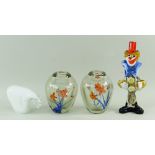 PAIR OF MODERN CASED GLASS VASES decorated with butterflies and flowers together with Murano-type