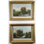 EARLY 20TH CENTURY BRITISH SCHOOL oil on board, a pair - river landscapes, 23 x 41cms