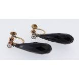 PAIR OF DIAMOND & BELIEVED ONYX DROP EARRINGS, in yellow metal setting