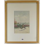 OSCAR LARUM ink and watercolour, caricature of a gentleman riding galloping horse being chased by