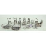 COLLECTION OF SILVER MINIATURES, including 800 and 925 standard chairs, animals, baskets, birds,