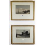 PAIR JAPANESE SILKWORK PICTURES, depicting Fujiyama and river landscapes, 15 x 24cms (2)