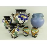 FIVE GOUDA (HOLLAND) ART POTTERY VASES and a Ruskin-style grey blue glazed vase (6)